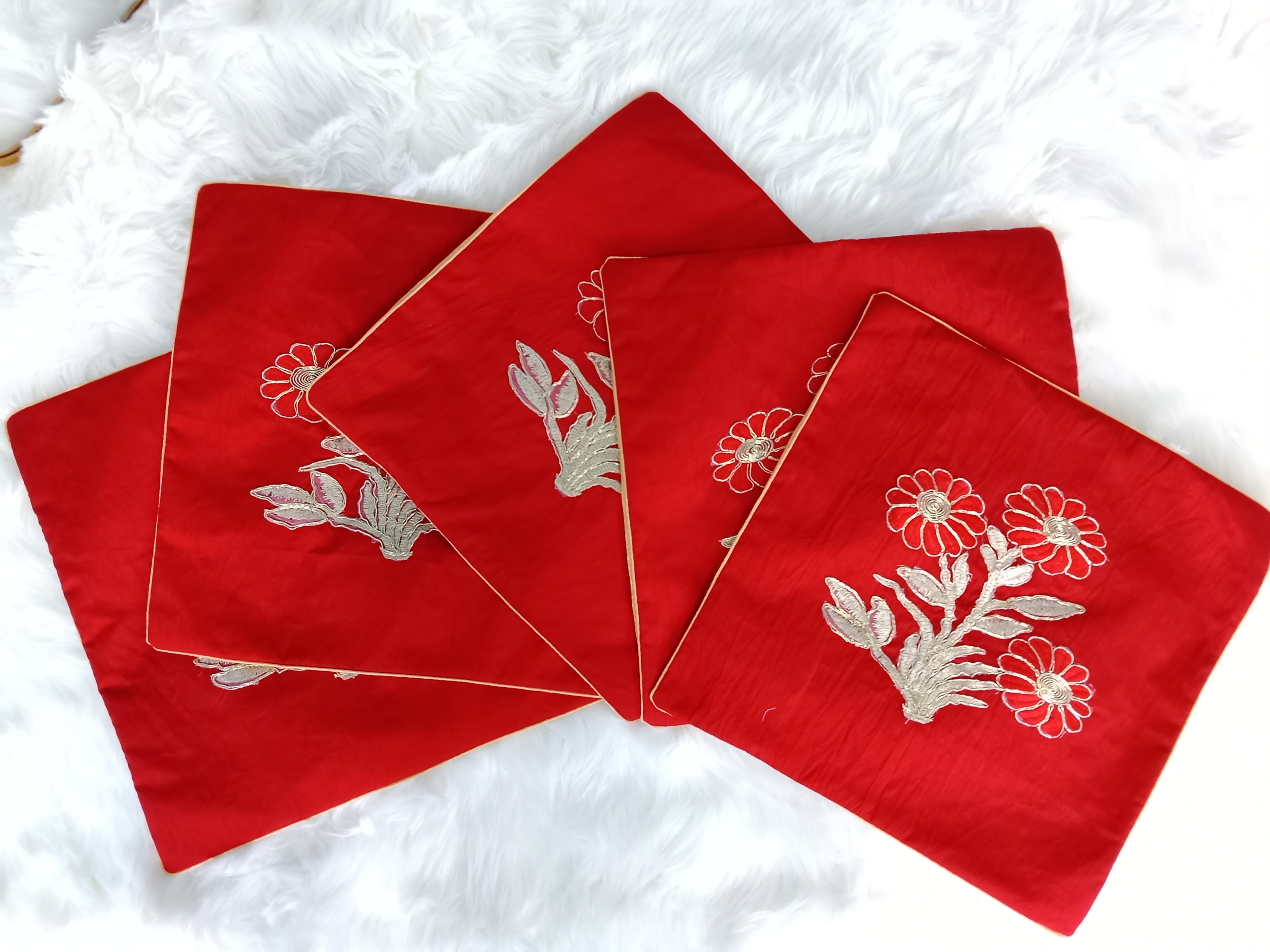 Luxury Red Raw Silk Cushion Cover with Embroidered Flower Patch