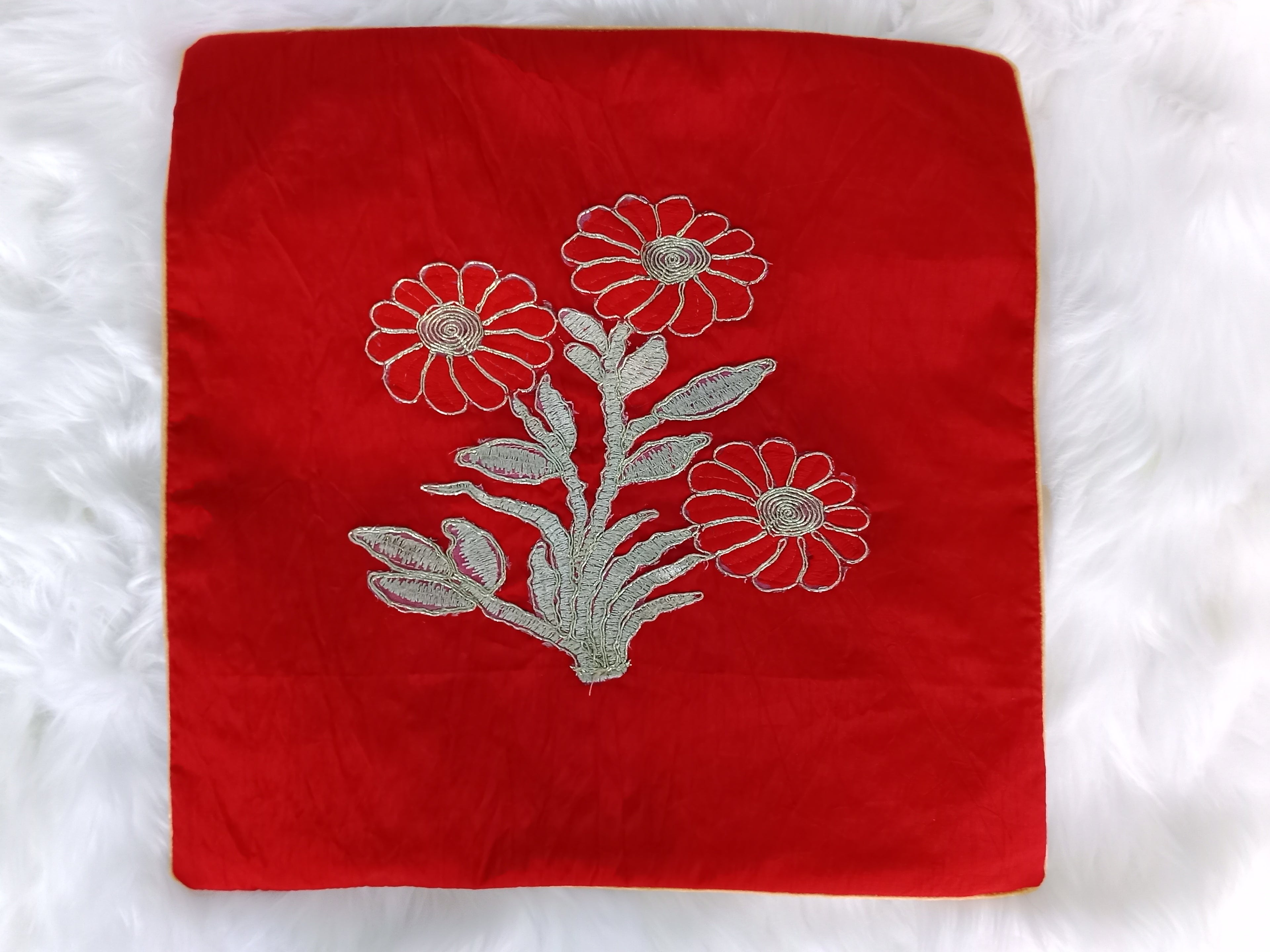Luxury Red Raw Silk Cushion Cover with Embroidered Flower Patch