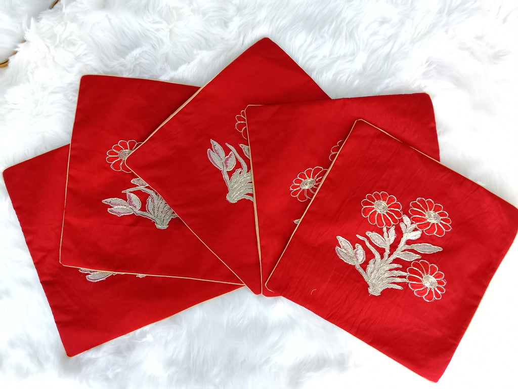 Luxury Red Raw Silk Cushion Cover with Embroidered Flower Patch